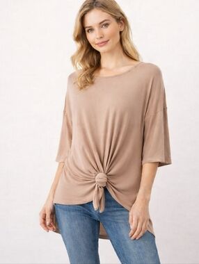 POL Knot Front Top Medium Taupe Boho High Low Tie Front Blouse